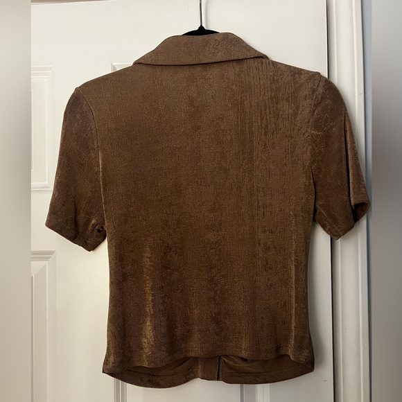 Lulus Taupe Ruched Short Sleeve Button Up - Picture 2 of 3